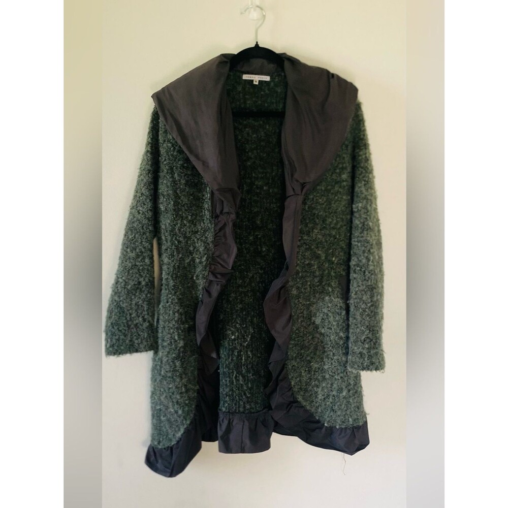Tempo Paris Gray Teddy Bouclé Jacket with Ruffle Trim, Maximalism, Statement